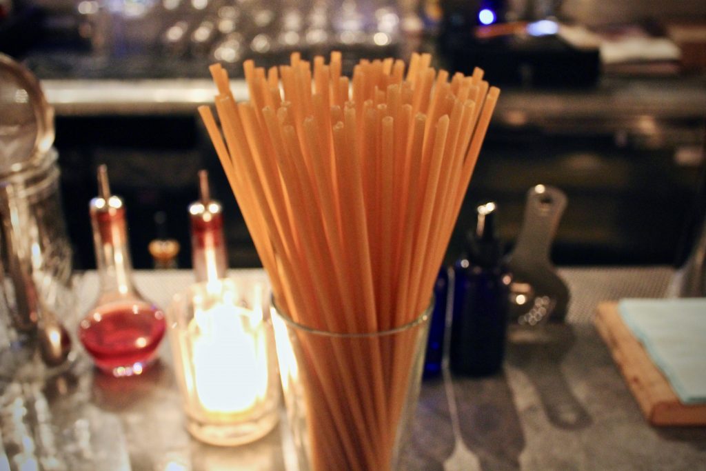 At Honey's in Bushwick, Brooklyn, instead of a plastic straw, the one highball on their cocktail menu gets a bucatini straw.