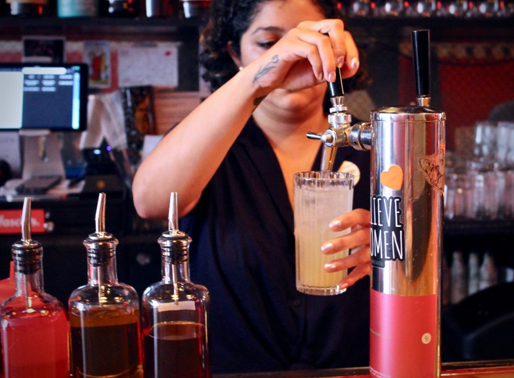Steph Gallardo builds the Spirit Stick Spritz at Butter and Scotch in Crown Heights, Brooklyn