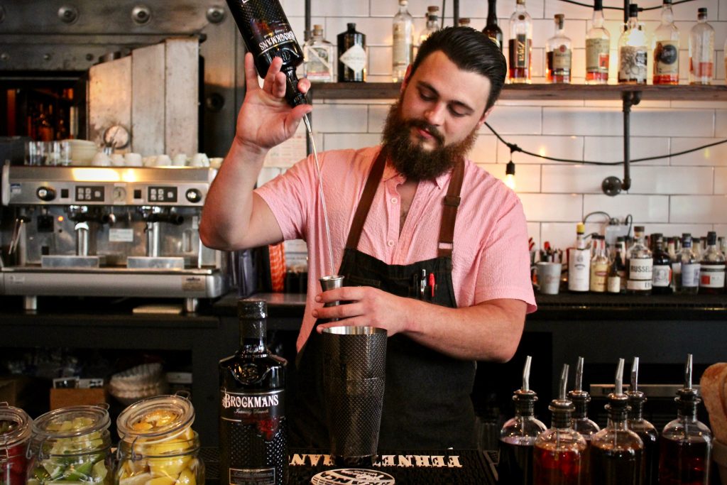 Max Fiore makes his unnamed fall Brockmans cocktail at Olives and Oil in New Haven, Connecticut