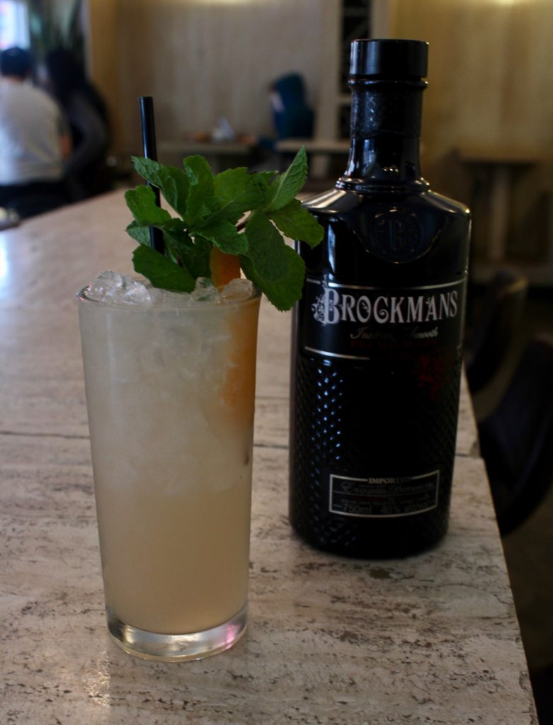 Leo Cazares makes his Brockmans cocktail, Summer Angel, at Erv's on Beekman in Brooklyn, New York.