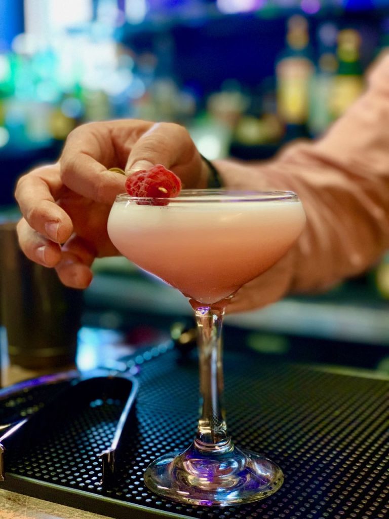 Dimitri Zahariadis makes his Brockmans vegan Clover Club at Highland Brass Co in Waterbury, Connecticut