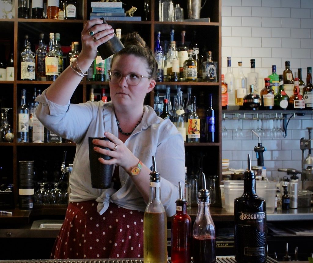 Emily Morton makes her Brockmans Cocktail, Mr. Willard's Mistress, at Deli/126 in Burlington, Vermont
