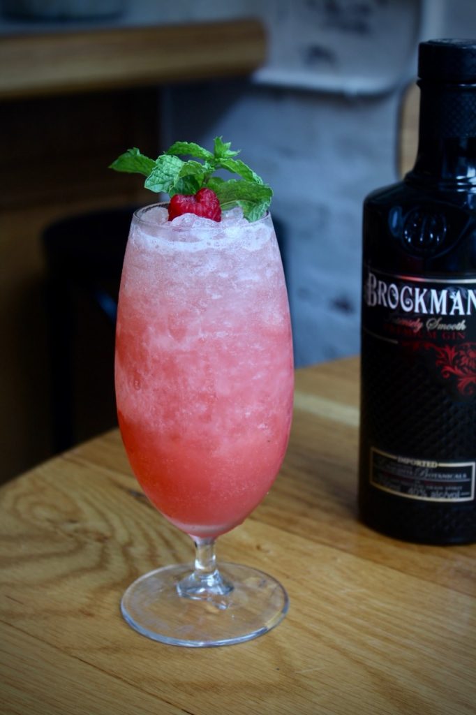 Steven Nichols makes his winning Brocktail, the Raspberree's Knees, at Mathews Food + Drink in Jersey City, New Jersey.