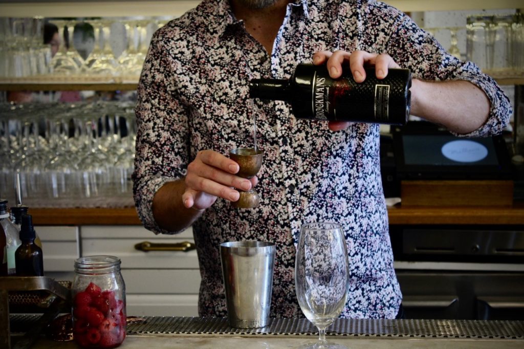Steven Nichols makes his winning Brocktail, the Raspberree's Knees, at Mathews Food + Drink in Jersey City, New Jersey.