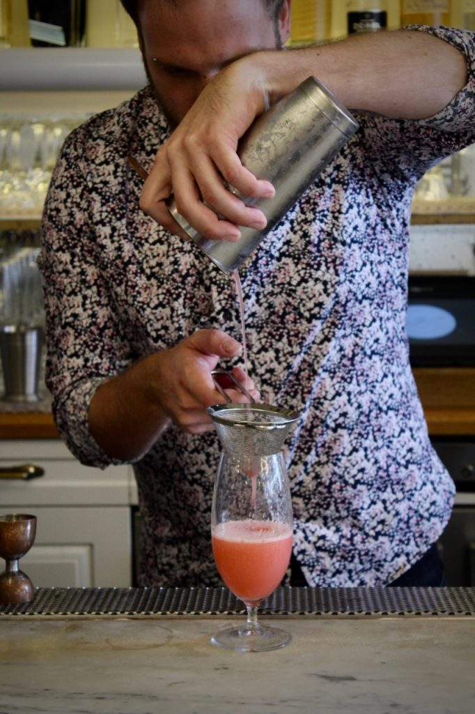 Steven Nichols makes his winning Brocktail, the Raspberree's Knees, at Mathews Food + Drink in Jersey City, New Jersey.