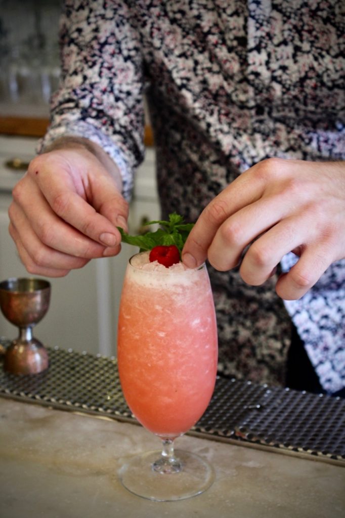 Steven Nichols makes his winning Brocktail, the Raspberree's Knees, at Mathews Food + Drink in Jersey City, New Jersey.