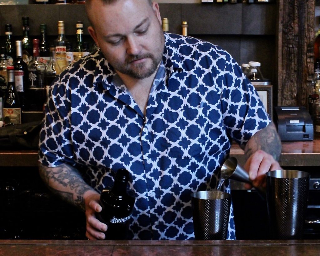 Roger Gross makes us the "Gully Juice", his Brockmans Gin cocktail at Sherkaan Indian Street Food in New Haven, Connecticut.