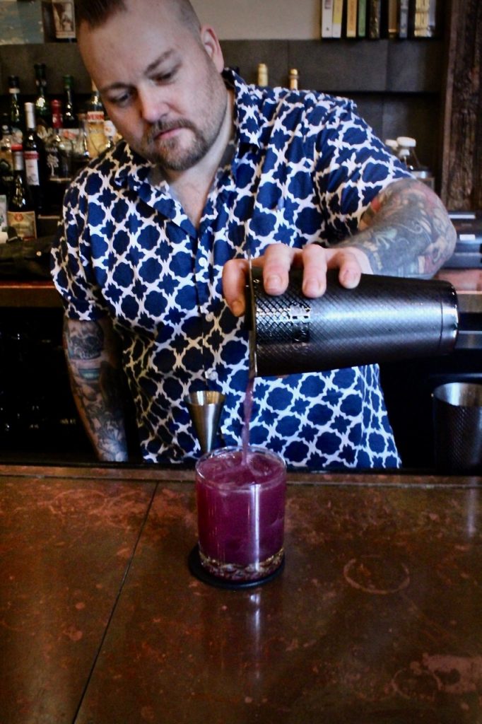 Roger Gross makes us the "Gully Juice", his Brockmans Gin cocktail at Sherkaan Indian Street Food in New Haven, Connecticut.