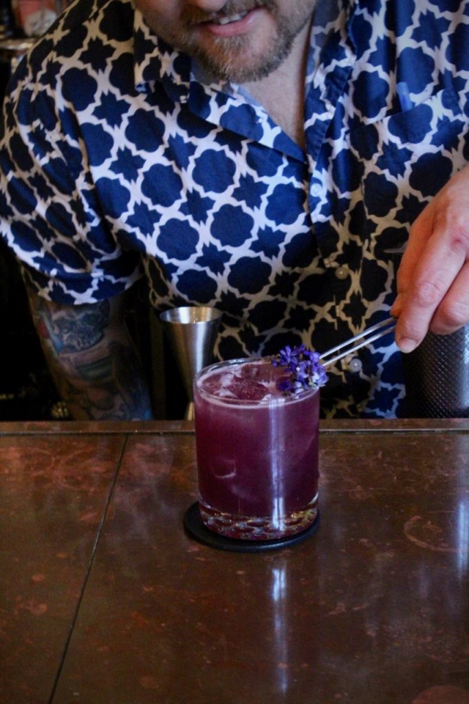 Roger Gross makes us the "Gully Juice", his Brockmans Gin cocktail at Sherkaan Indian Street Food in New Haven, Connecticut.