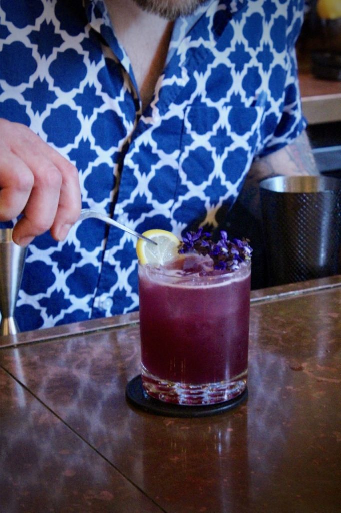 Roger Gross makes us the "Gully Juice", his Brockmans Gin cocktail at Sherkaan Indian Street Food in New Haven, Connecticut.
